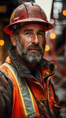 Fototapeta premium Construction worker wearing safety gear and helmet on site. Rugged and experienced look with lights in the background.