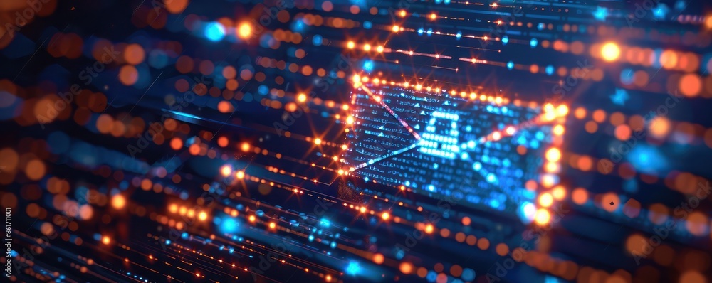 Poster futuristic digital display with glowing email icon and abstract data network. represents communicati