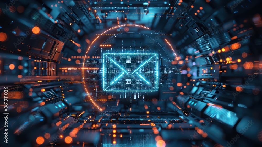 Poster futuristic digital email icon in a cyber network tunnel, symbolizing advanced technology and communi