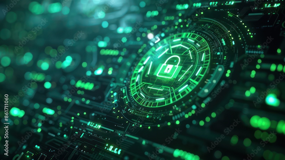 Poster futuristic green cybersecurity interface with digital lock symbol, representing advanced technology 