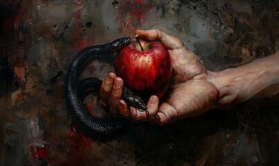 An artistic portrayal of a hand holding a red apple, with a black snake coiled up, emphasizing the allure of the forbidden fruit