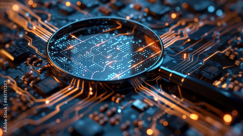 Poster magnifying glass inspecting a microchip and its intricate circuit board, symbolizing technology and 