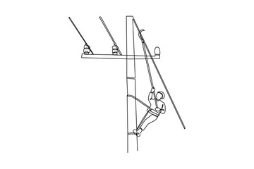 Single one line drawing of an electrician is checking for damage to an electricity pole. Home repair, maintenance and plumbing services. Handyman concept. Continuous line draw design vector illustrati