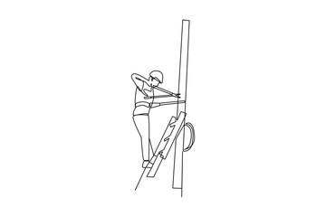 Single one line drawing of an electrical technician is repairing a damaged cable on a power pole. Home repair, maintenance and plumbing services. Handyman concept. Continuous line draw design vector i