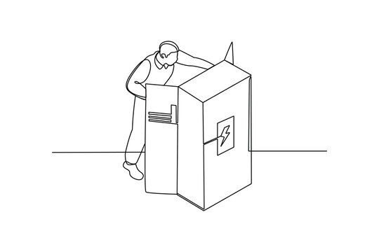 recommend clip art: Single one line drawing of The technician is checking the condition of the electrical equipment. Home repair, maintenance and plumbing services. Handyman concept. Continuous line draw design vector il