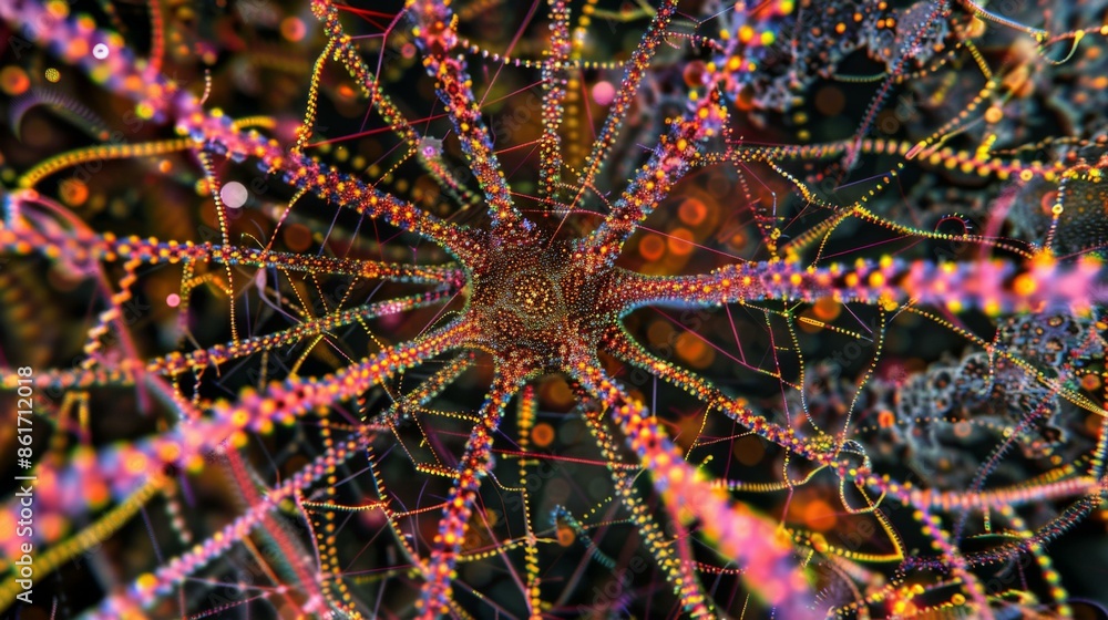 Poster a close up of a colorful spider web with many different colors. ai.