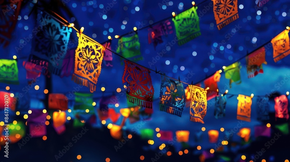 Wall mural vibrant papel picado decorations illuminated against a starry night sky creating a festive atmospher