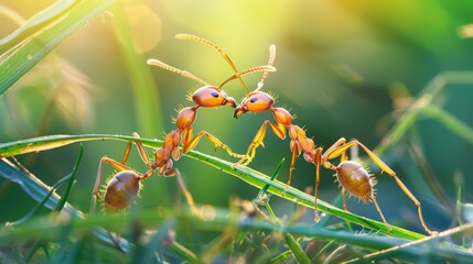 Two ants are kissing each other on a green leaf. AI.