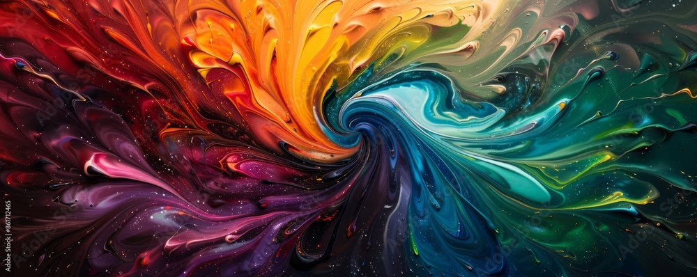 Poster a swirl of vibrant colors blending together, creating a mesmerizing pattern.