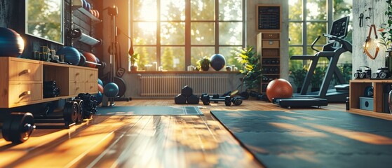 A room with a lot of exercise equipment and windows. AI.