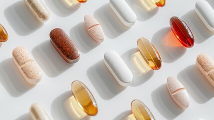Assorted vitamins and supplements in various shapes and colors, casting intricate shadows on a white surface, highlighting health essentials