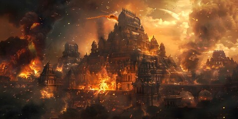 Ancient Indian temple town besieged by enemies in dramatic illustration. Concept Indian History, Ancient Temples, Warfare, Illustration, Dramatic Landscape