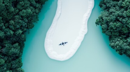 Obraz premium A realistic image of a kayak floating in a white milk-like waterfall, blending into a white milk-shaped lake, set against a backdrop of dense forest