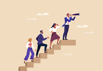 Business Leadership Concept. Vector illustration in flat style of a group of diverse people in business  outfits walking up the steps following a leader looking ahead. Isolated on background