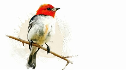 Fototapeta premium vibrant redheaded bird perched on branch against white background digital painting