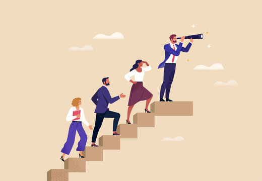 Business Leadership Concept. Vector illustration in flat style of a group of diverse people in business outfits walking up the steps following a leader looking ahead. Isolated on background