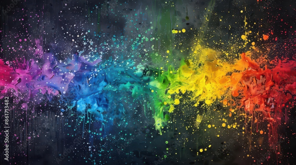 Wall mural vibrant splattering paint in rainbow colors on black background hd wallpaper - Wall murals