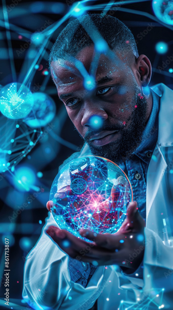 Poster a man in a lab coat holds a glowing sphere, representing data and connections, against a backdrop of