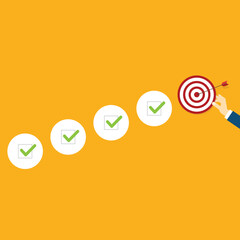 Goal, motivation to success. Climb up stairs to reach goal target on the top.