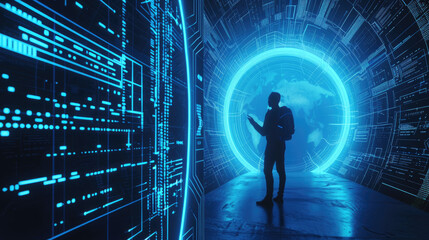 A lone silhouette stands in a futuristic digital tunnel illuminated by blue light, facing a glowing portal