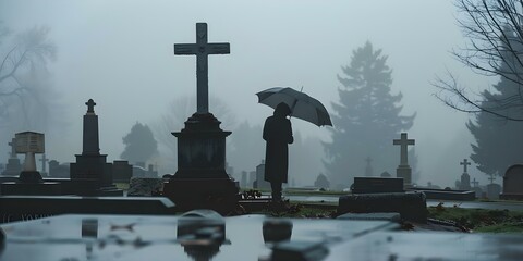 Woman in black with umbrella mourning in a foggy cemetery. Concept Gothic, Mourning, Cemetery, Black Umbrella, Foggy Day