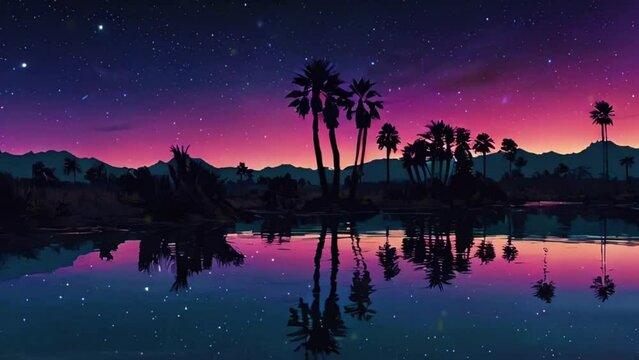 A peaceful desert oasis with a clear, starry sky that transitions to dawn. Palm trees sway gently, water ripples in the small pond, and distant dunes shift slightly with the wind, zoom OBS, anime chil