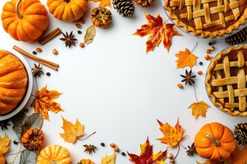 Fototapeta premium Autumn composition with pumpkins, leaves and pie on white background