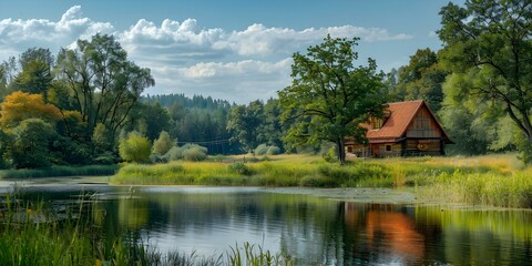 Fototapeta premium Rustic landscape showcasing trees, rivers, lakes, and old country houses in oil painting. Concept Rustic Landscape, Trees, Rivers, Lakes, Old Country Houses, Oil Painting