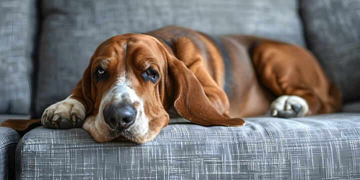 Relaxed purebred basset hound dog resting head on couch arm. Concept Pet photography, Basset Hound, Relaxing at home, Indoor portrait, Dog breed