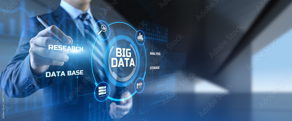 Poster big data analysis analytics internet technology concept. businessman pressing button on screen.