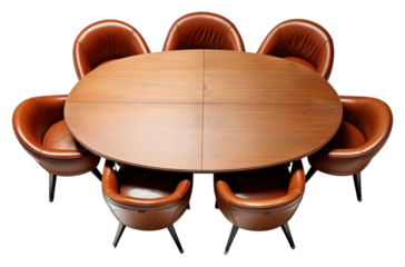 PNG Oval round table with brown leather chairs furniture white background arrangement.