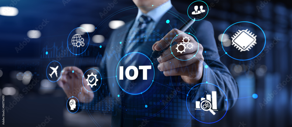 Poster iot internet of things innovation technology concept. businessman pressing button on screen.