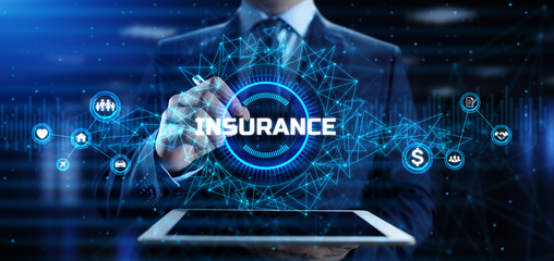 Insurance Insurtech. Businessman pressing button on screen.