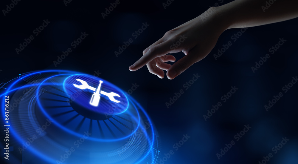 Poster technical support customer service guarantee quality assurance. hand pressing button on virtual scre