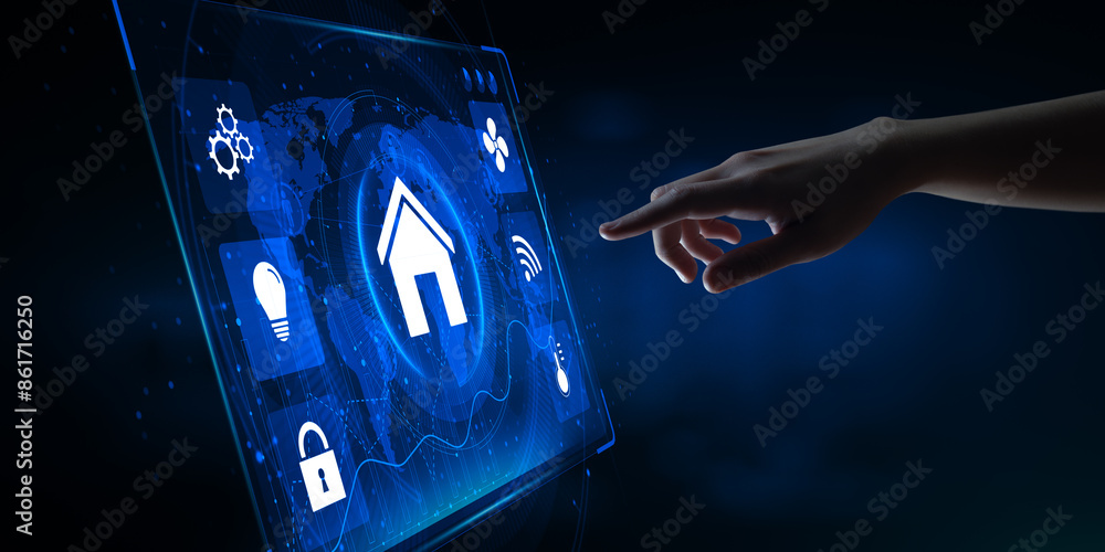 Poster smart home automation wireless control iot internet of things concept. hand pressing button.
