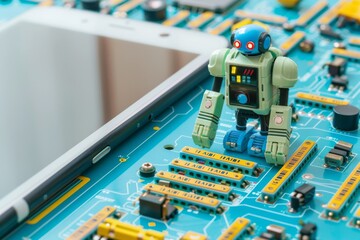 Fototapeta premium AI Powered Circuit Board with Mini Robot, Advanced Electronics, Digital Components, Blue and Silver, Futuristic Design, Cyber Technology, Smart Circuitry, High Tech Hardware, Modern Tech Innovation, R