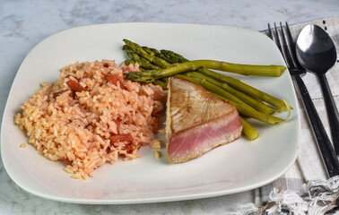 tuna steak  with rice and  asparagus