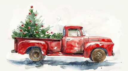 vintage red pickup truck with christmas tree festive watercolor art