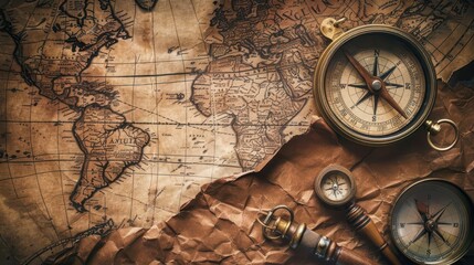 vintage sepiatoned world map with compass and antique navigation tools oldfashioned travel concept still life