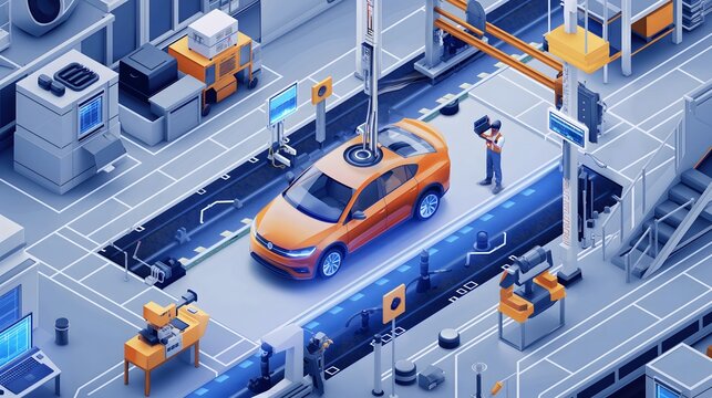 25. Generate a scene of AI-powered equipment monitoring and maintenance in the automotive manufacturing industry, ensuring reliability and efficiency on the production floor.