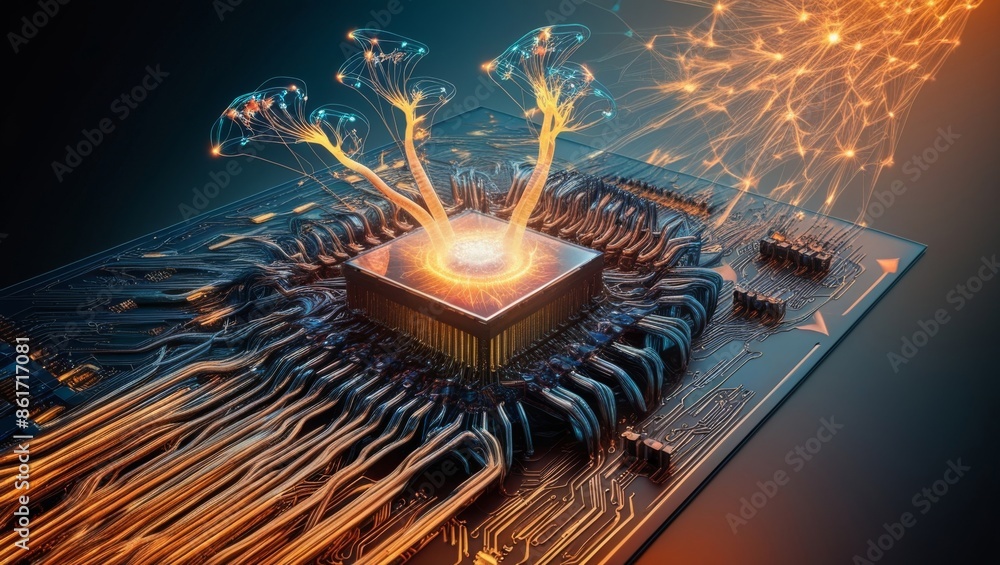 Aufkleber Abstract technology background featuring a quantum computing system with a processor and electronic circuits