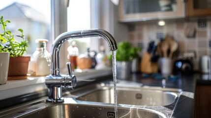 water pouring from a tap in a kitchen or bathroom illustrating problems of clean water scarcity concept photo