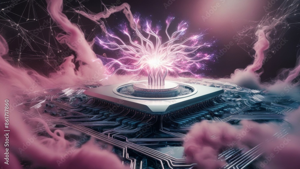Aufkleber Abstract technology background featuring a quantum computing system with a processor and electronic circuits
