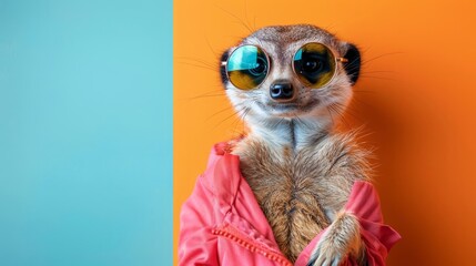 Image of stylish Meerkat in trendy sunglasses and outfit looking at camera against two colored...