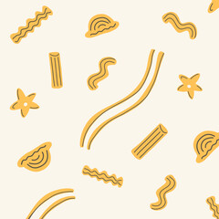 Italian pasta seamless pattern on white background. Cute hand drawn macaroni 