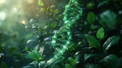 Concept of green biotechnology or synthetic biology, graphic of plant combined with DNA shape.generative ai
