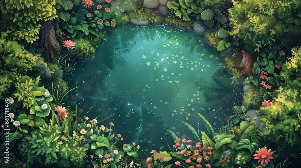 Wall mural whimsical aerial view illustration of a pond in an enchanted fairy tale forest