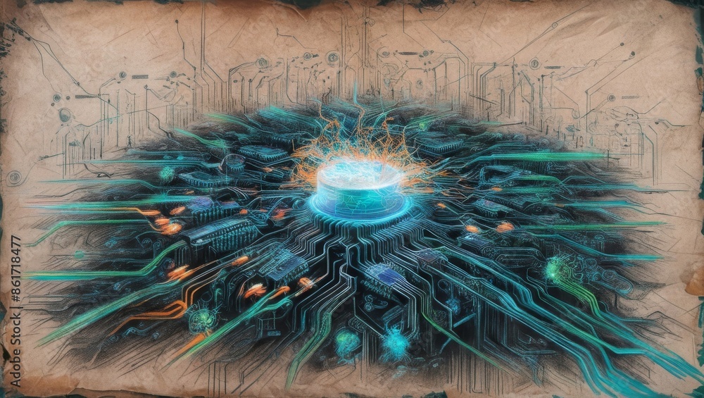 Poster Abstract technology background featuring a quantum computing system with a processor and electronic circuits