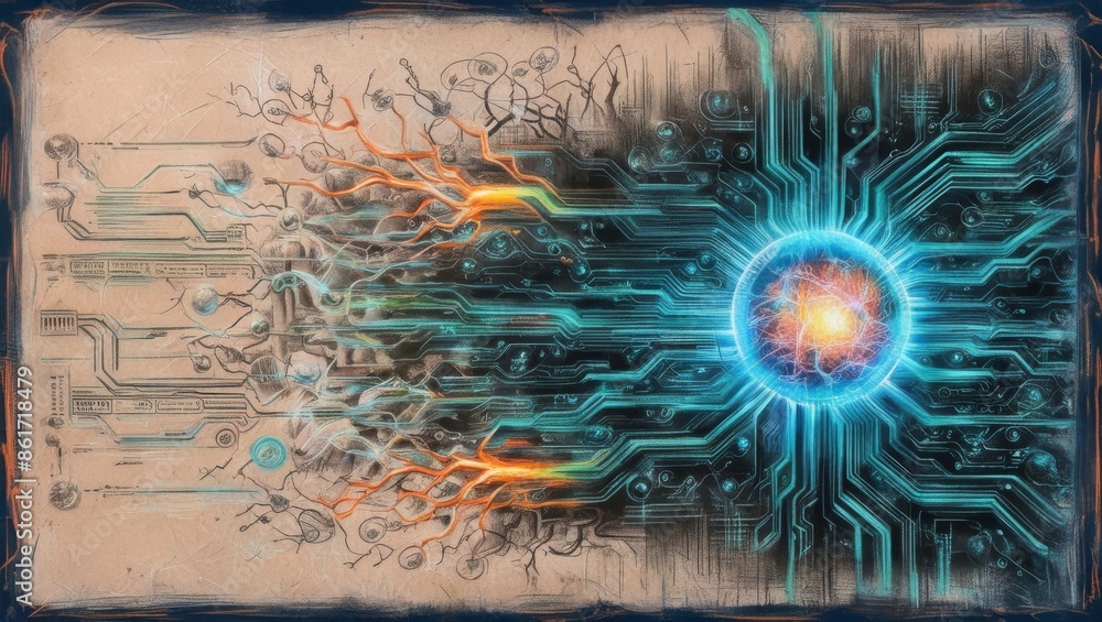 Poster Abstract technology background featuring a quantum computing system with a processor and electronic circuits