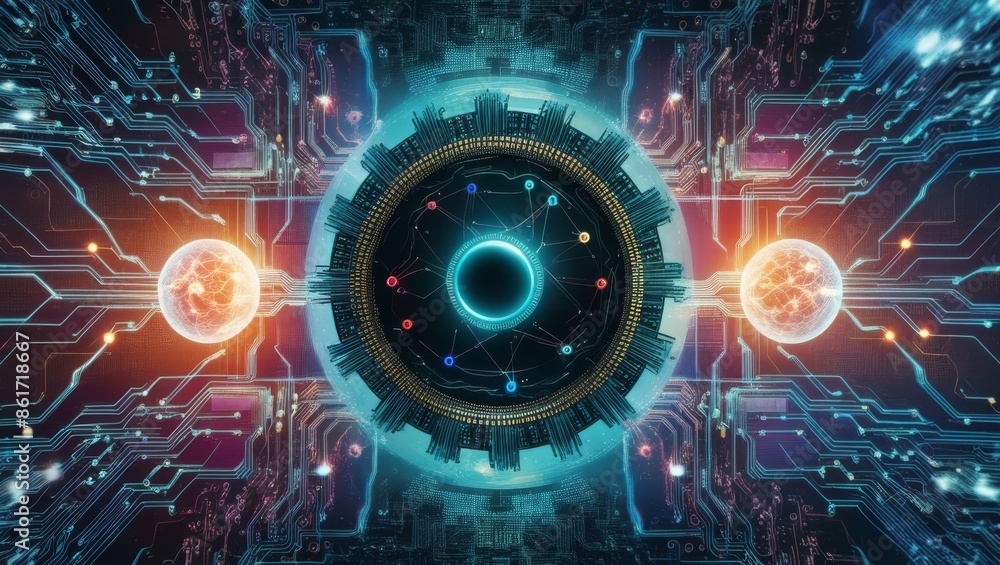 Poster Abstract technology background featuring a quantum computing system with a processor and electronic circuits